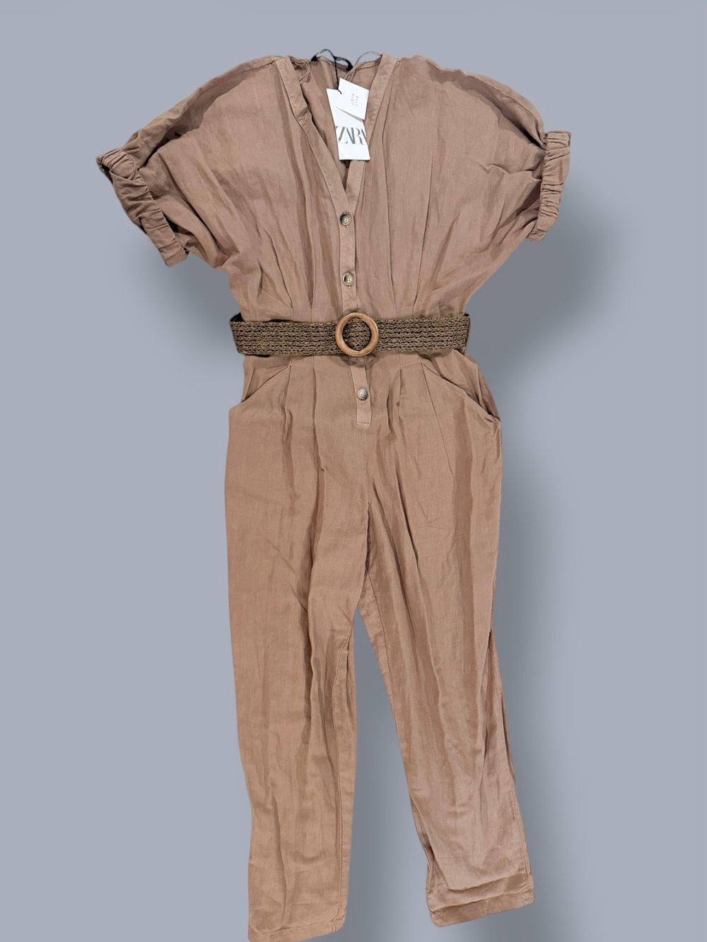ZARA NWT Belted Button Front Jumpsuit Tan Brown Size M